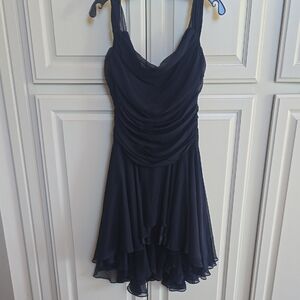 St. John Navy High-Low Chiffon Cocktail Dress